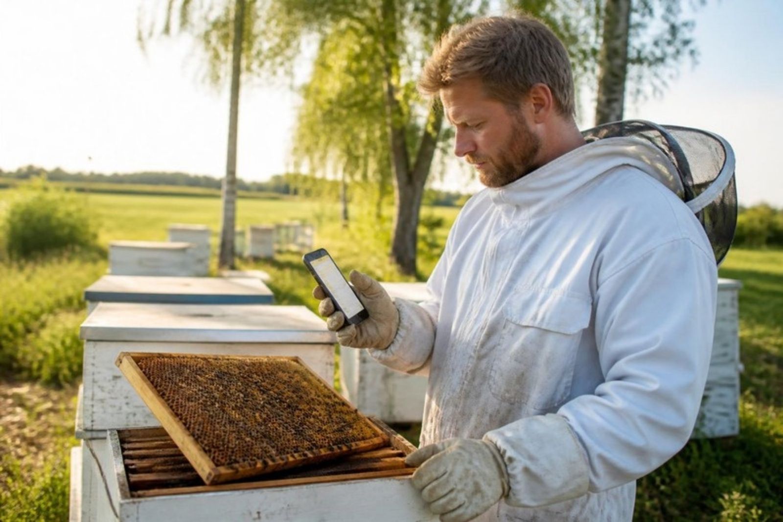 Biavler i dragt kigger på Beezyhives på mobilen ved et åbent stade