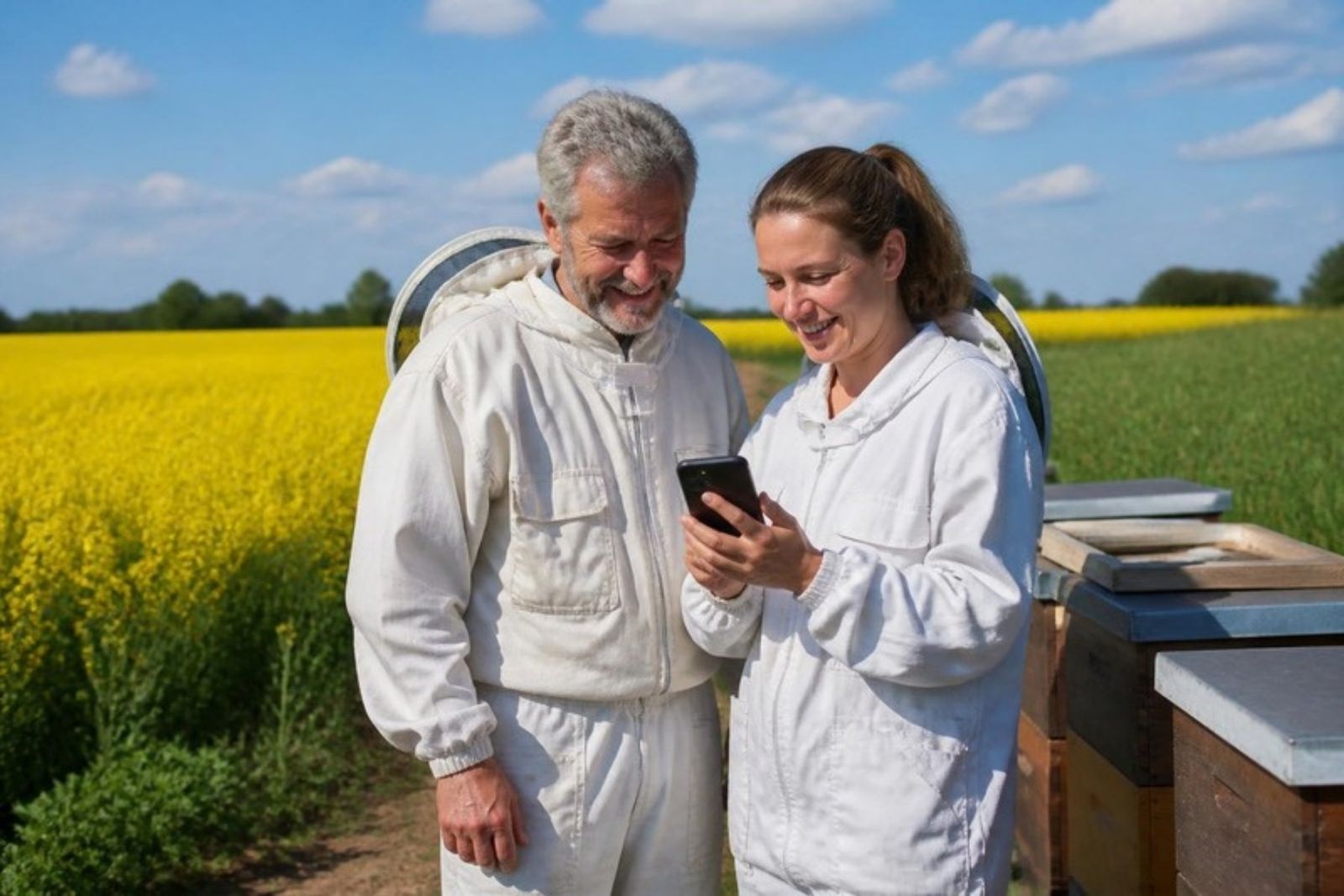 To biavlere ved en rapsmark kigger sammen på Beezyhives på mobilen
